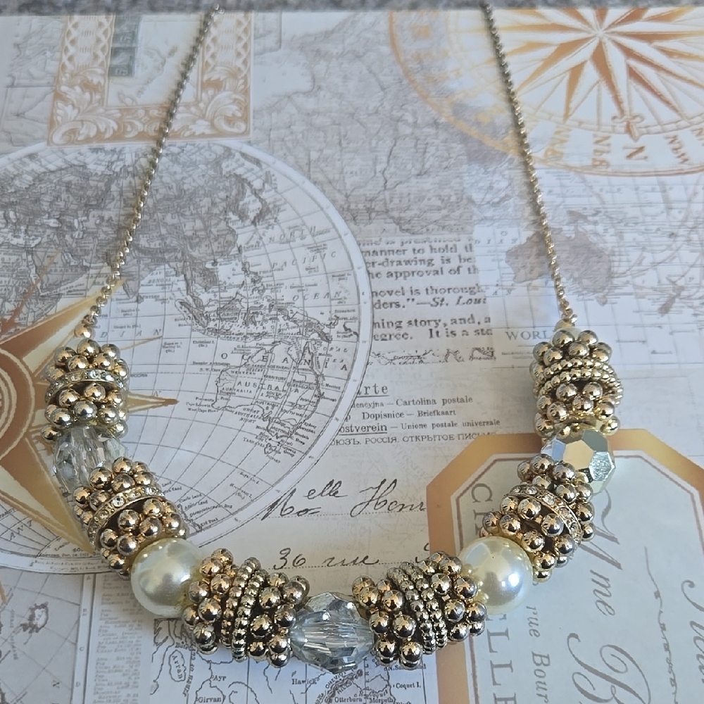Erica Lyons Gold-Tone Beaded Necklace with Clear Crystals and Pearl Accents